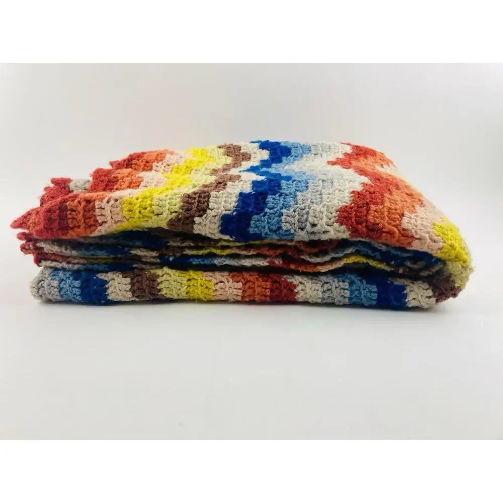 Vintage 70s 80s Handmade Afghan Crochet Blanket Wave Chevron Sunset Fall Blue Or